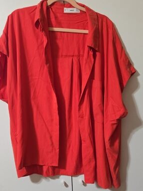 Mango Bright Red Short-Sleeve Button-Up Shirt